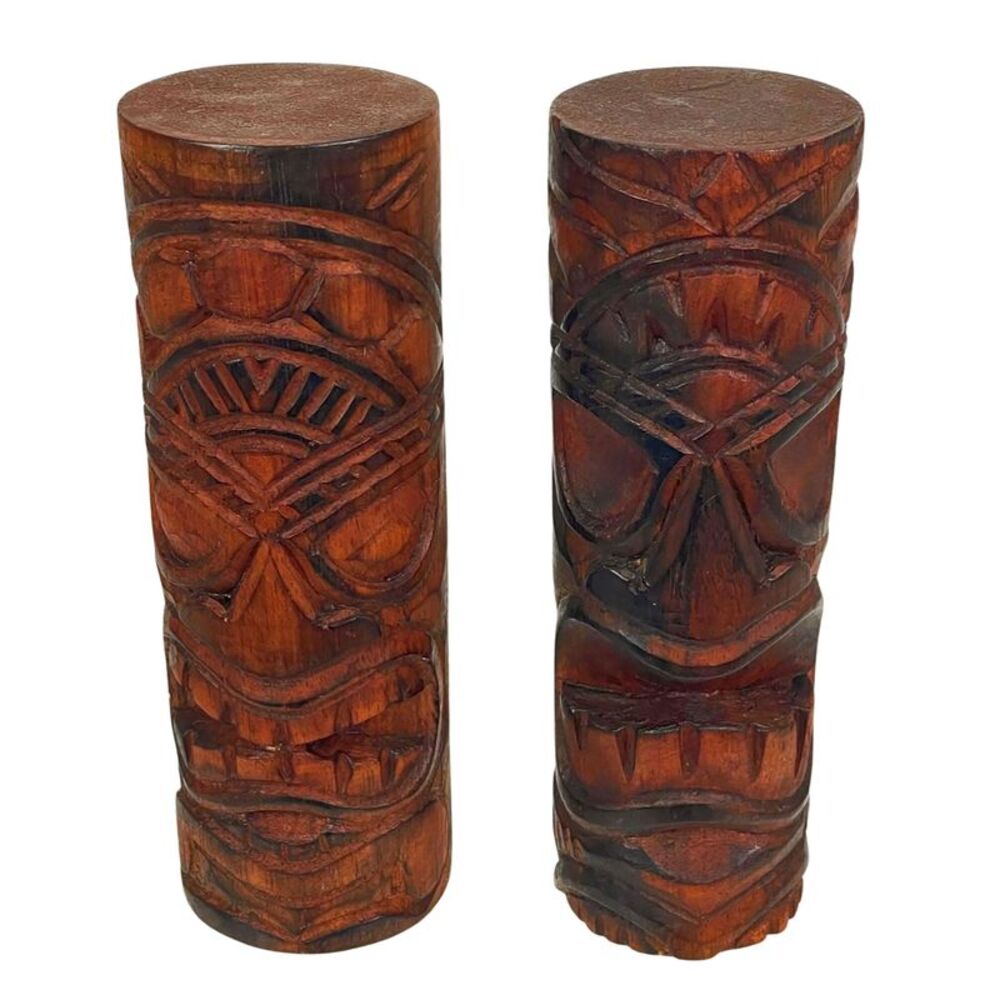Set of 2 Hand-Carved Wooden Tiki Totems 8" Tribal Island Decor Brown Statues